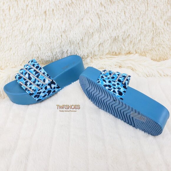 Beach Day Blue Leopard Slip on Platform Sandals Rhinestone Details - Picture 4 of 12